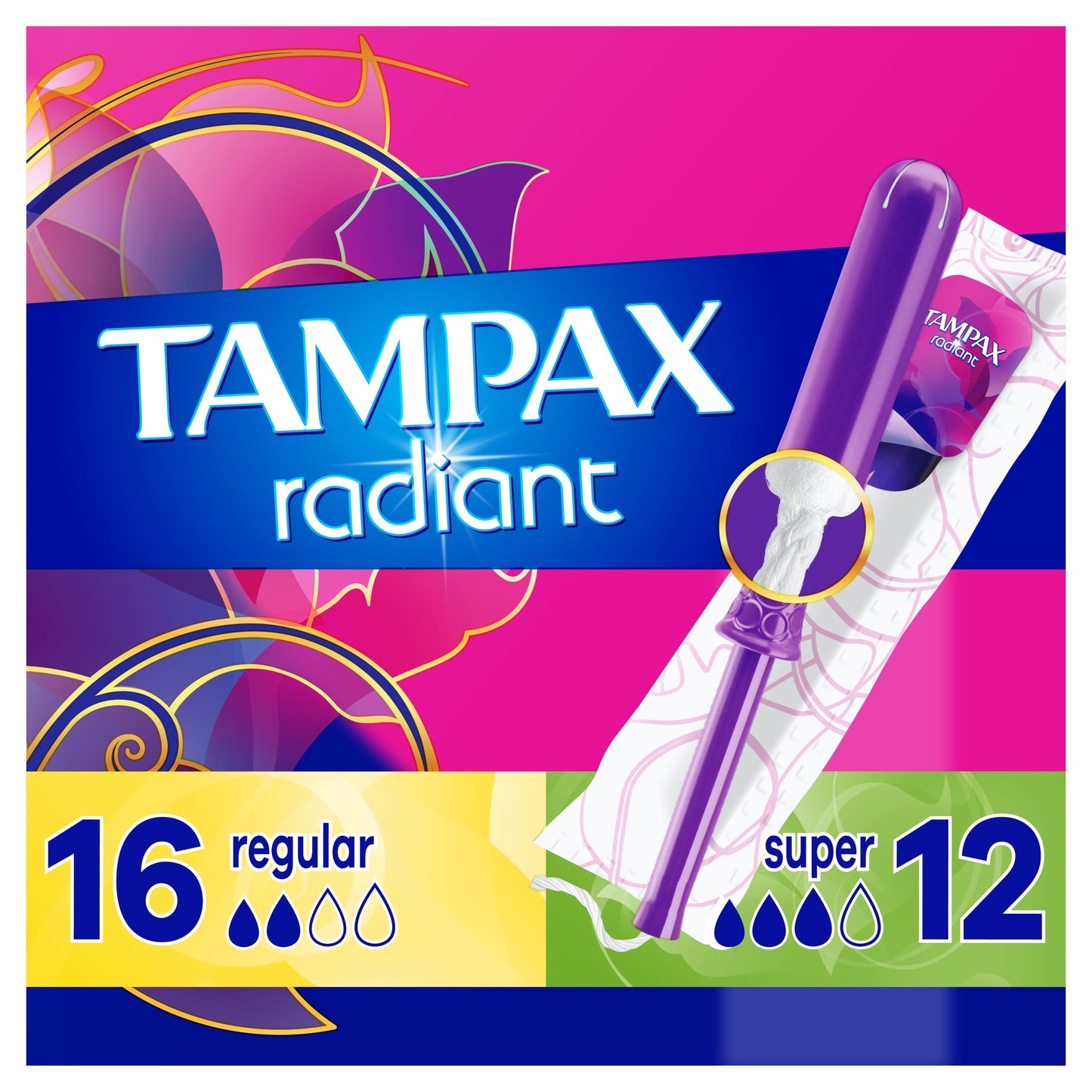 Tampax Radiant Tampons Duo Pack with LeakGuard Braid, Regular/Super Absorbency, 28 Ct