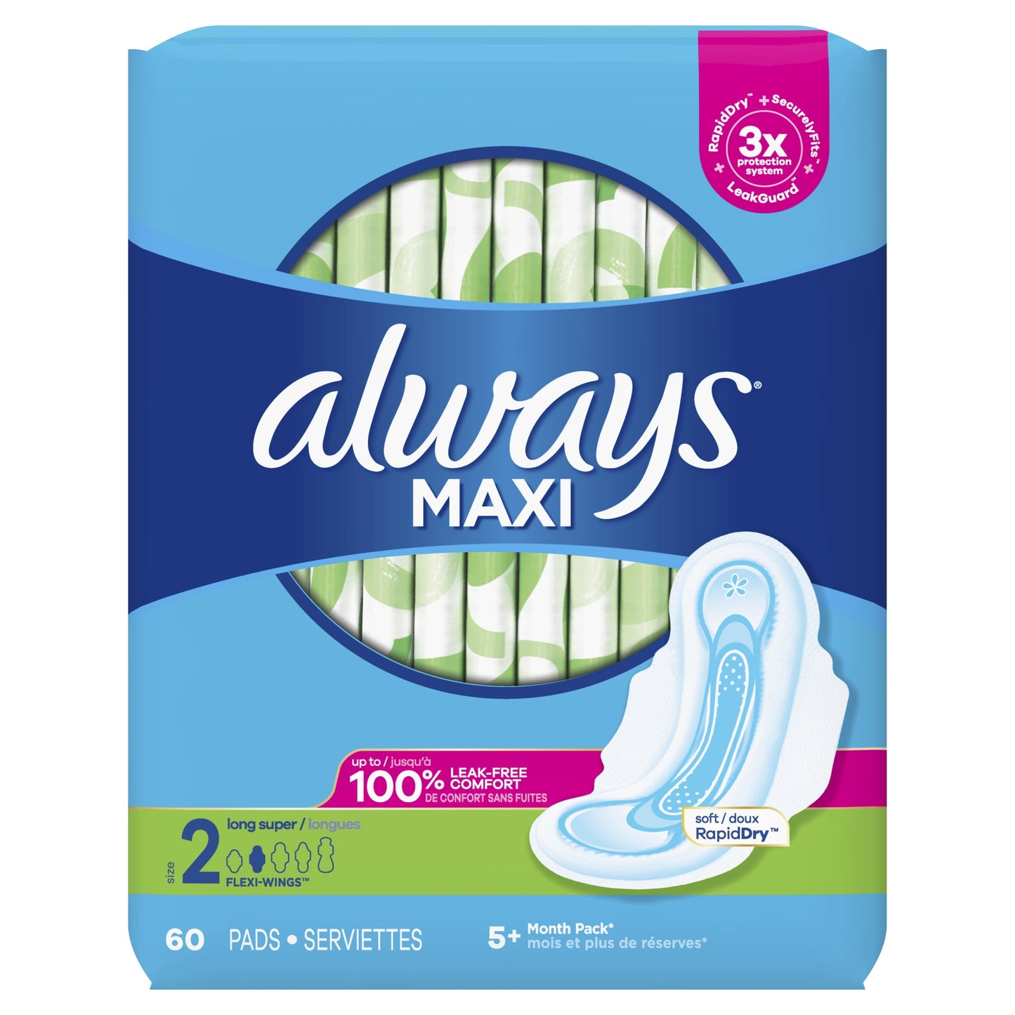 Always Maxi Pads with Wings, Size 2, Long Super Absorbency, 60 CT