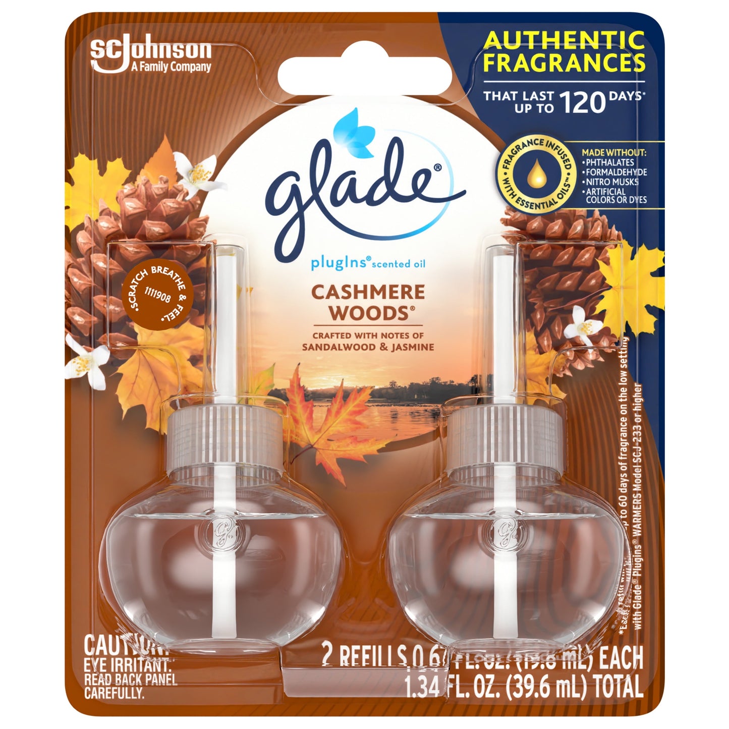 Glade PlugIns Refill 2 ct, Cashmere Woods, 1.34 FL. oz. Total, Scented Oil Air Freshener Infused with Essential Oils