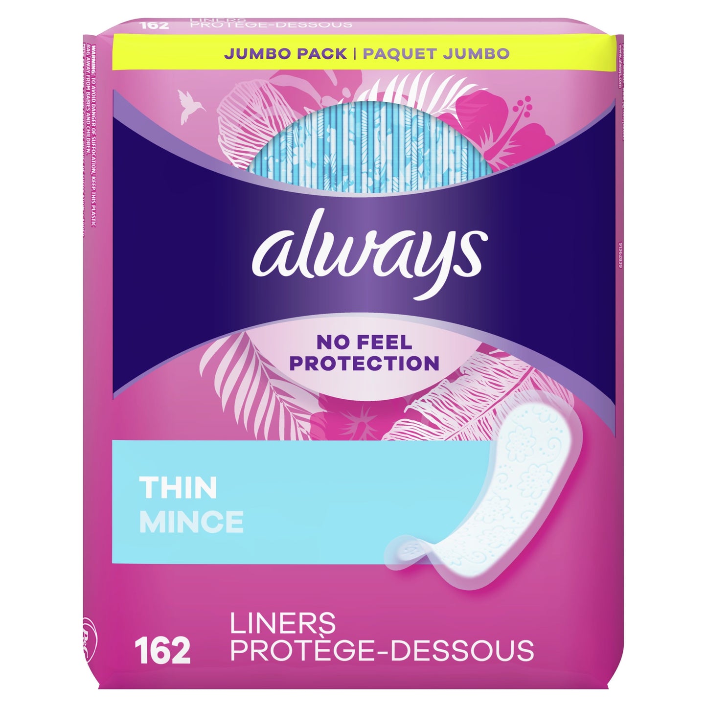 Always Thin No Feel Protection Daily Liners Regular Absorbency Unscented, 162 Ct