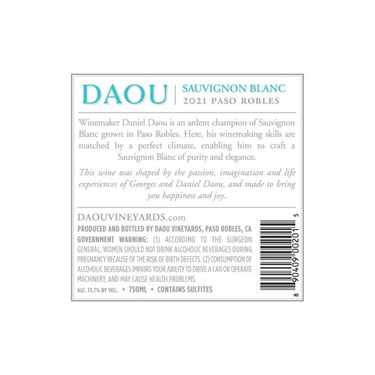 Daou Sauvignon Blanc White Wine, Paso Robles CA, 750ml Glass Bottle, 5-150ml Servings