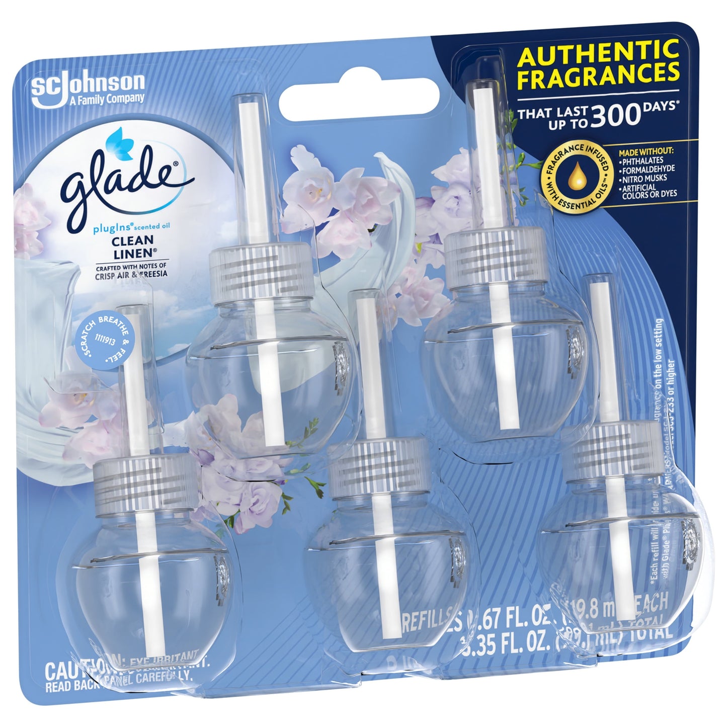 Glade PlugIns Refill 5 ct, Clean Linen, 3.35 FL. oz. Total, Scented Oil Air Freshener Infused with Essential Oils