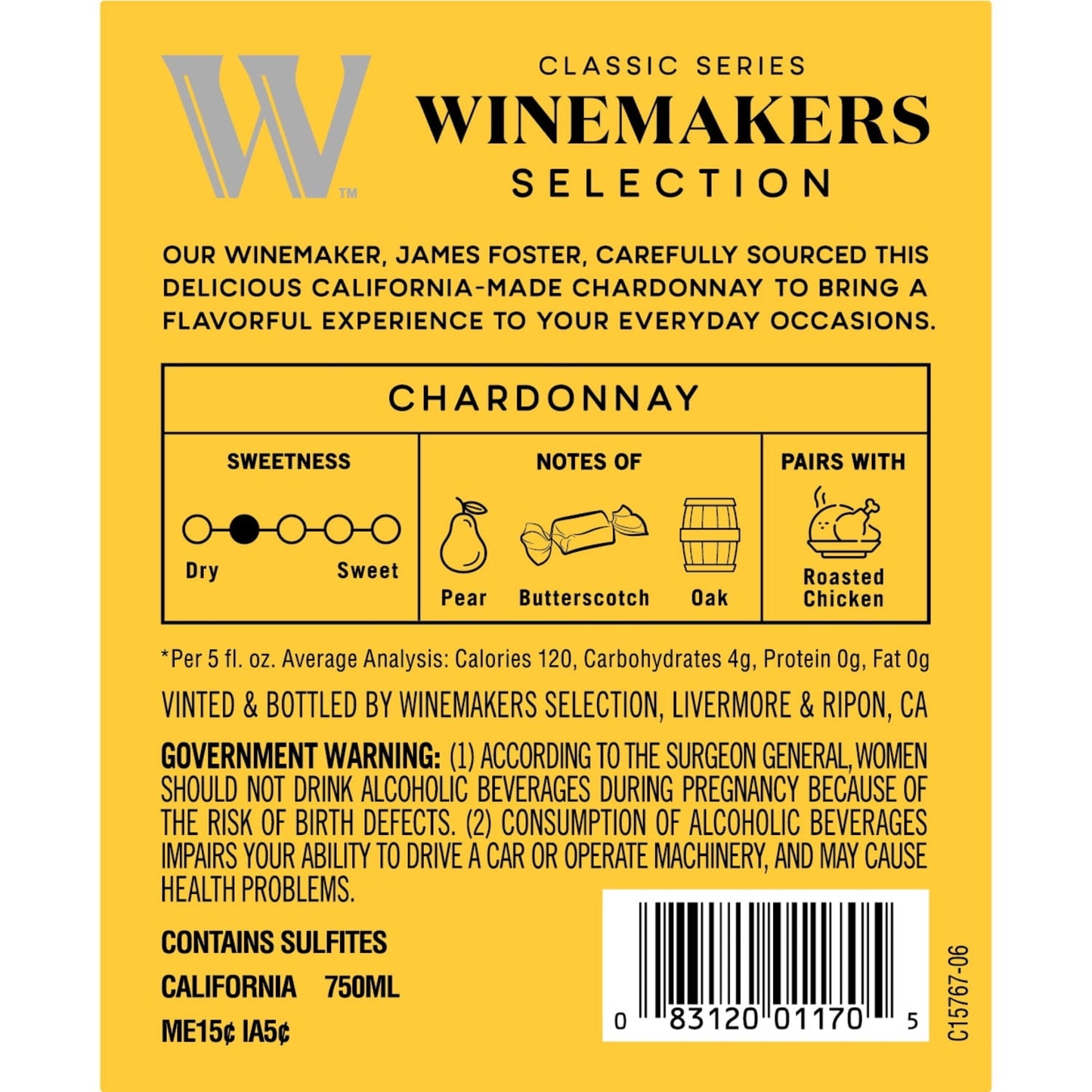 Winemakers Selection Classic Series Chardonnay California White Wine, 750 ml Glass, ABV 13.50%