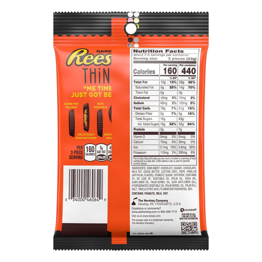 Reese's Thins Dark Chocolate Peanut Butter Cups Candy, Bag 3.1 oz