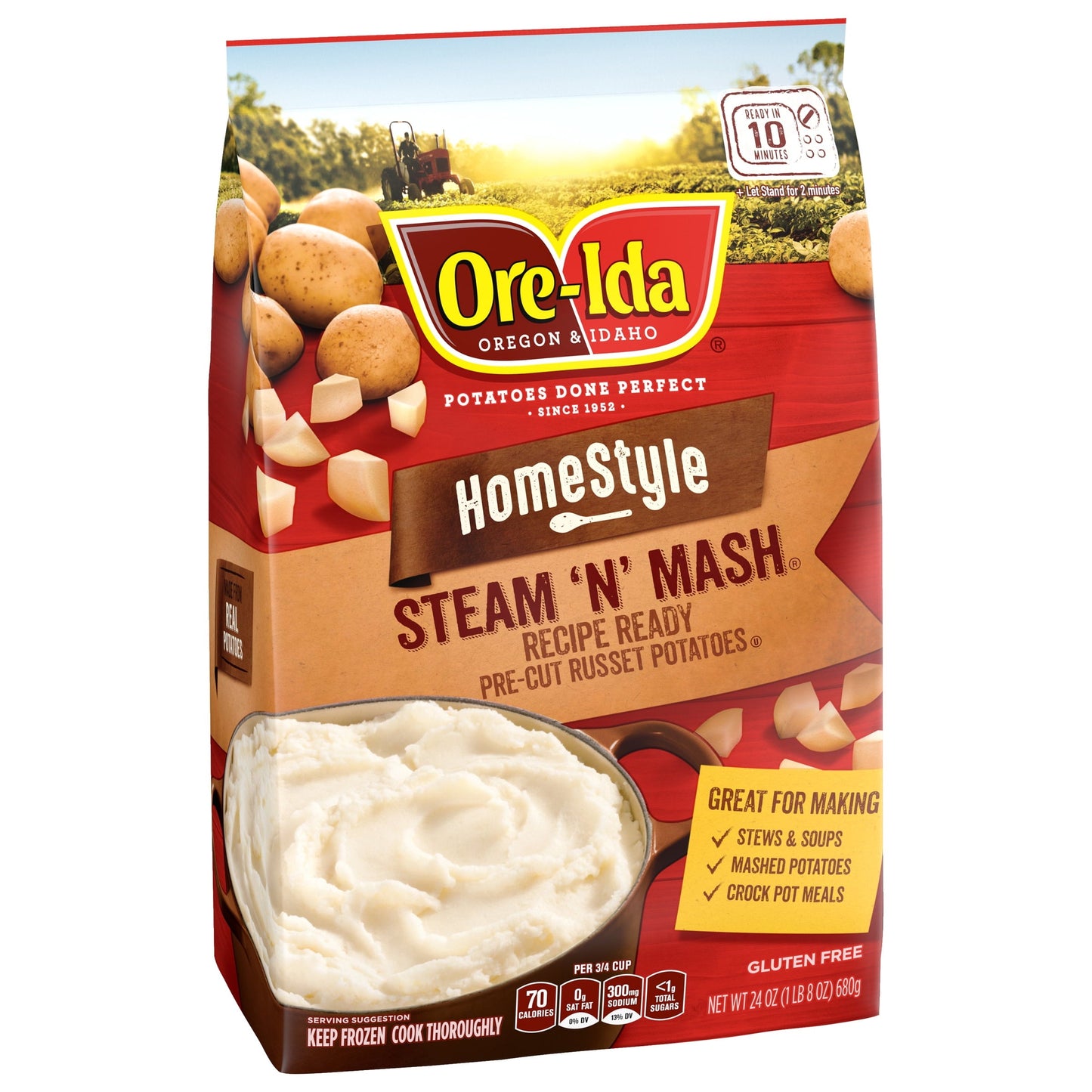 Ore-Ida Home Style Steam 'N' Mash Recipe Ready Pre-Cut Russet Potatoes Frozen Side Dish, 24 oz Bag