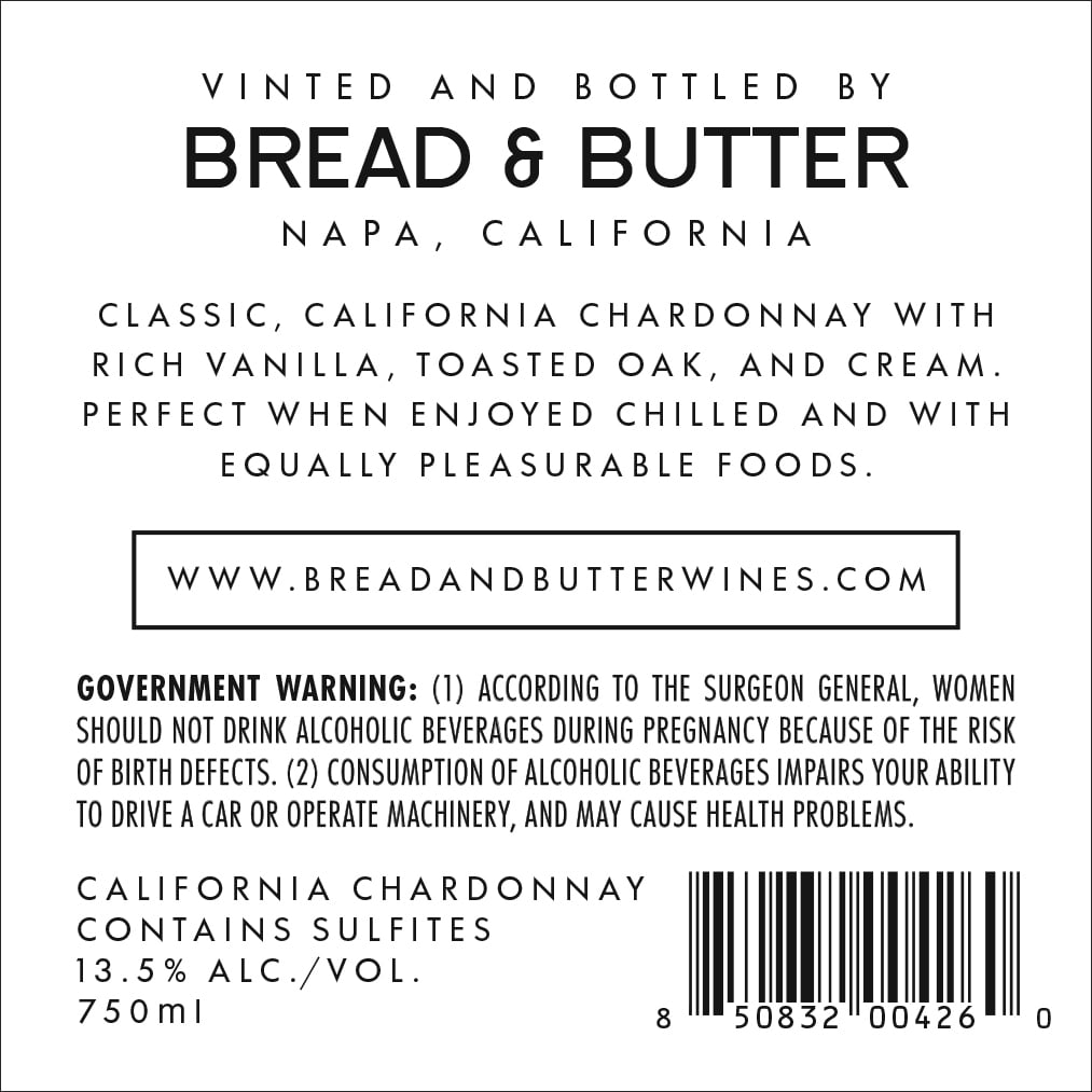 Bread & Butter Chardonnay White Wine, California, 13.5% ABV, 750ml Glass Bottle, 5-150ml Servings