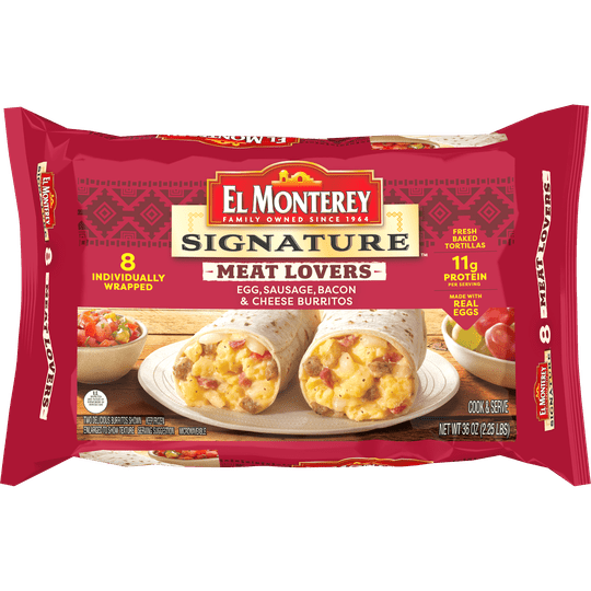 El Monterey Signature Meat Lovers Egg, Sausage, Bacon & Cheese Burritos 8 Count, 36 oz (Frozen)