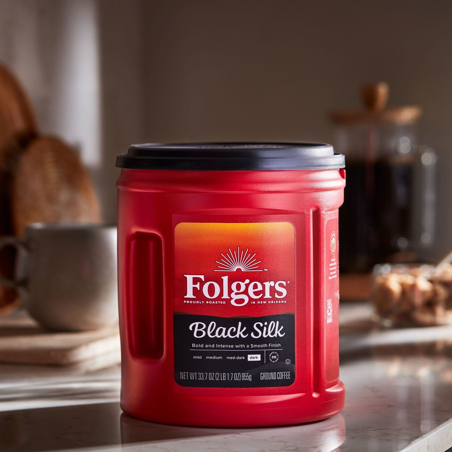 Folgers Black Silk Ground Coffee, Smooth Dark Roast Coffee, 33.7Ounce Canister