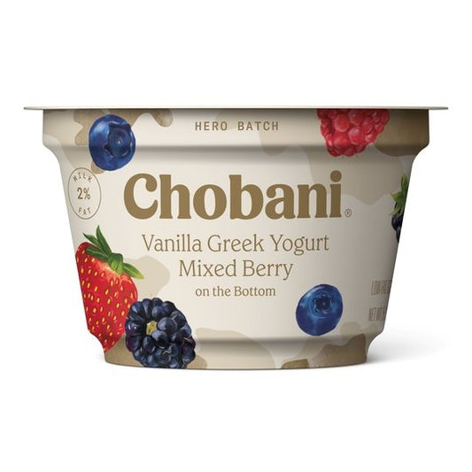 Chobani Hero Batch, Vanilla Greek Yogurt with Mixed Berry on the Bottom 5.3 oz, 4 Count Plastic