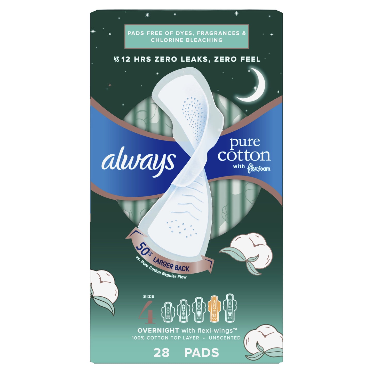 Always Pure Cotton Feminine Pads With WIngs, Size 4, Overnight Absorbency, 28 CT