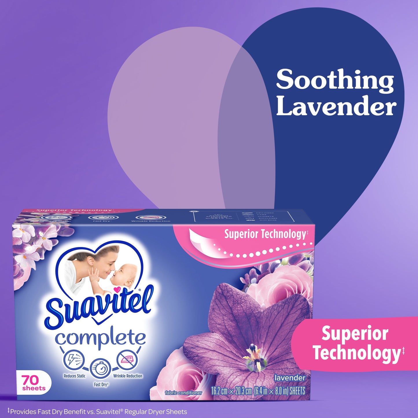 Suavitel Complete Fabric Softener Dryer Sheets, Lavender, 70ct