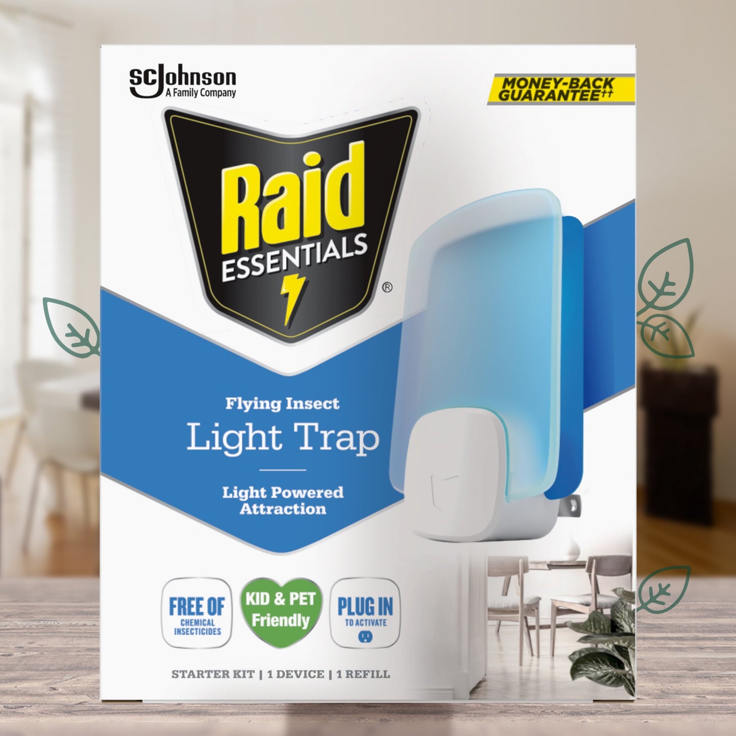 Raid Essentials Flying Insect Light Trap Starter Kit, Electric Flying Insect Trap & Refill