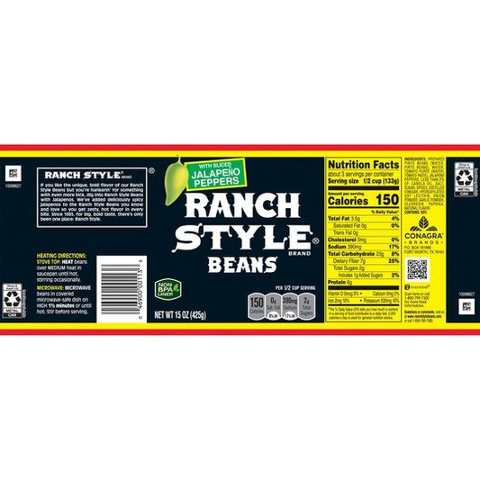 Ranch Style Beans with Sliced Jalapeno Peppers, 15 oz Can
