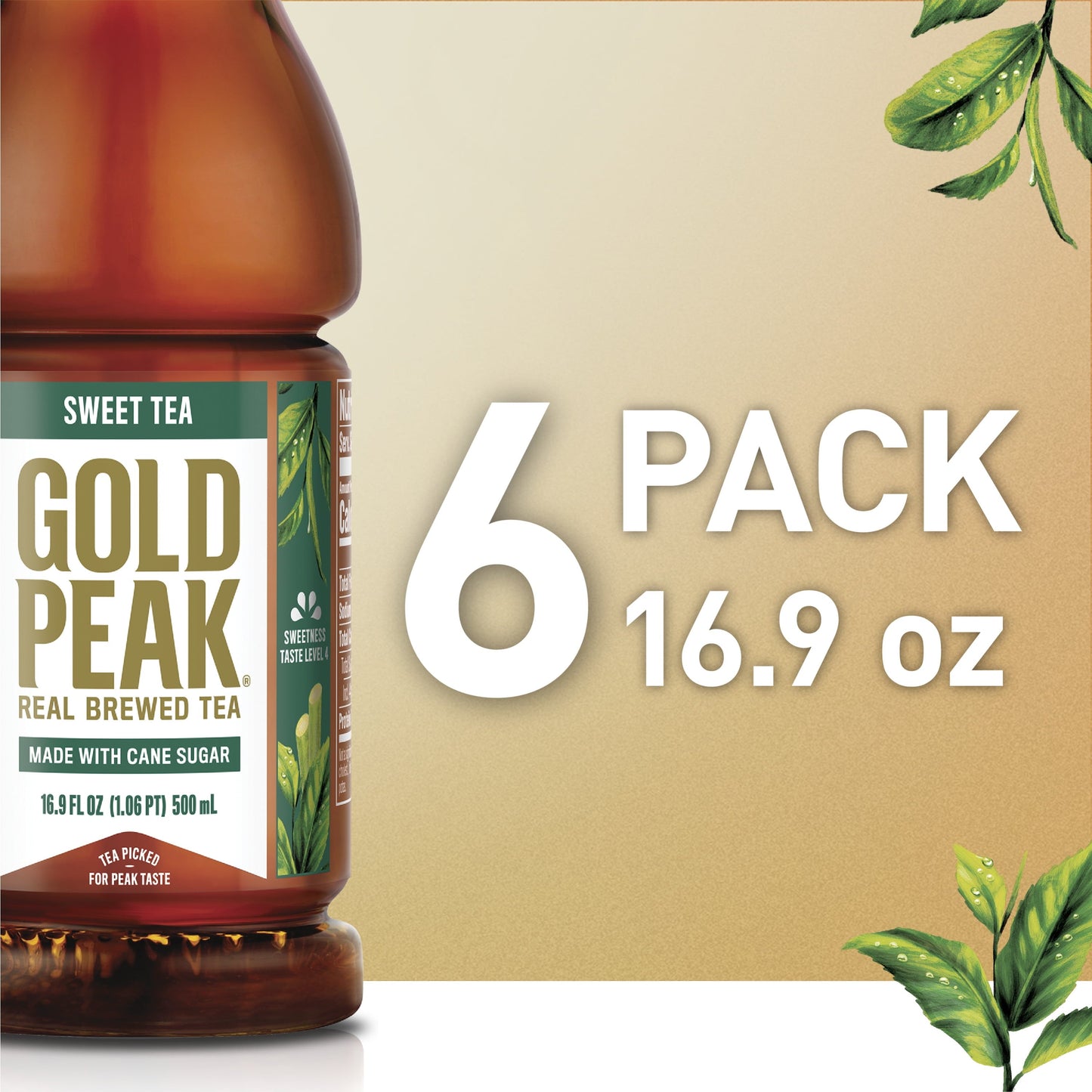 Gold Peak Real Brewed Tea Cane Sugar Sweet, Bottled Tea Drink, 16.9 fl oz, 6 Bottles