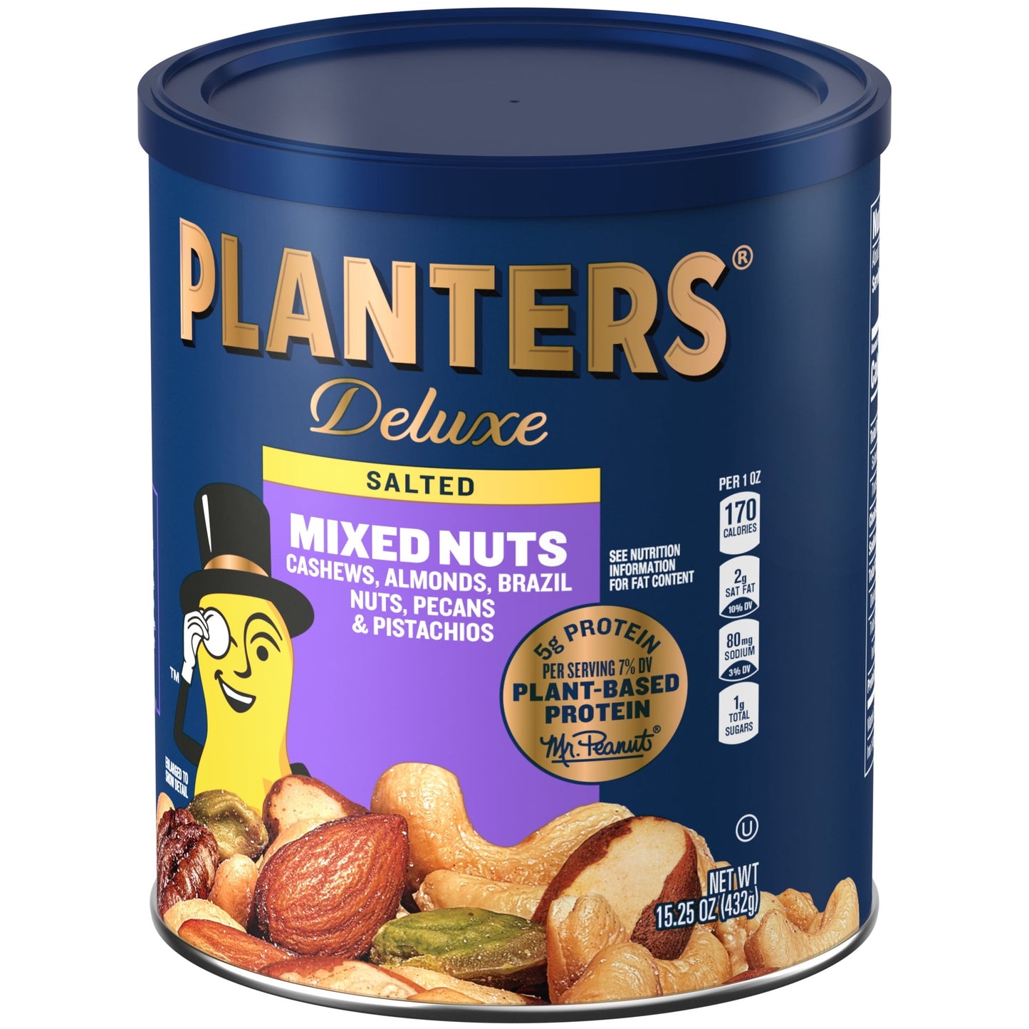 PLANTERS Deluxe Salted Mixed Nuts, Party Snacks, Plant-Based Protein 15.25oz (1 Canister)