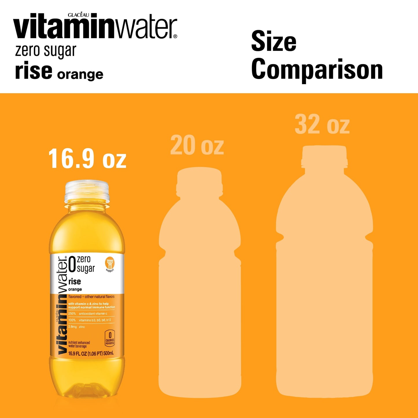 vitaminwater zero sugar rise electrolyte enhanced water, orange, 16.9 fl oz, 6 count bottles