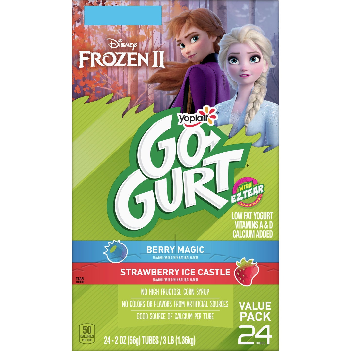 Go-GURT Disney Frozen Berry Magic and Strawberry Ice Castle Kids Fat Free Yogurt Variety Pack, Gluten Free, 2 oz. Yogurt Tubes (24 Count)