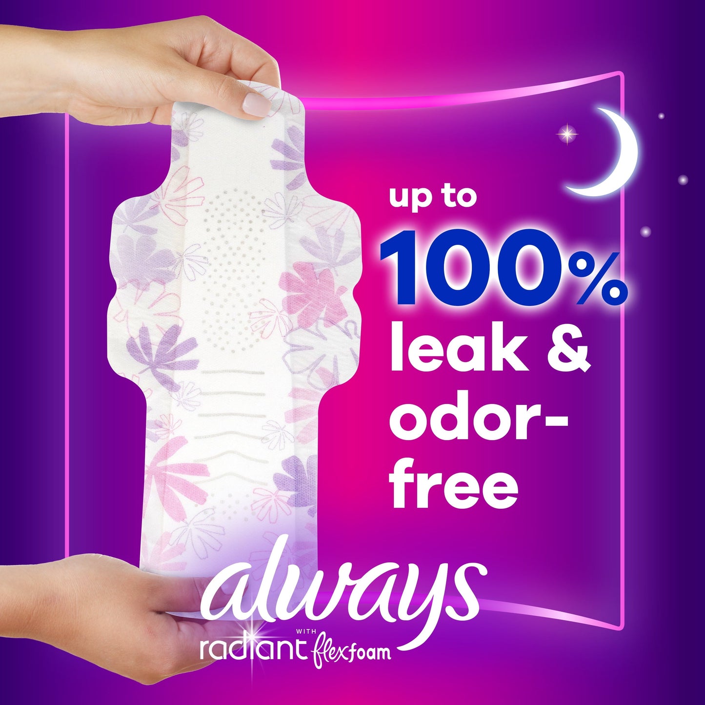 Always Radiant Feminine Pads with Wings, Size 5, Extra Heavy Overnight Absorbency, Scented, 18 Count