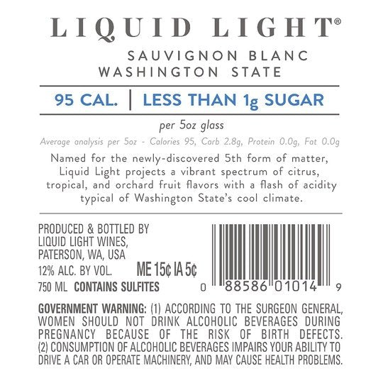 Liquid Light Washington Sauvignon Blanc White Wine,  750 ml Bottle, 12% ABV