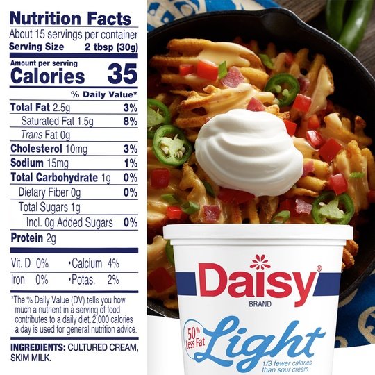 Daisy Pure and Natural Light Sour Cream, 50% Less Fat, 16 oz (1 lb) Tub (Refrigerated)