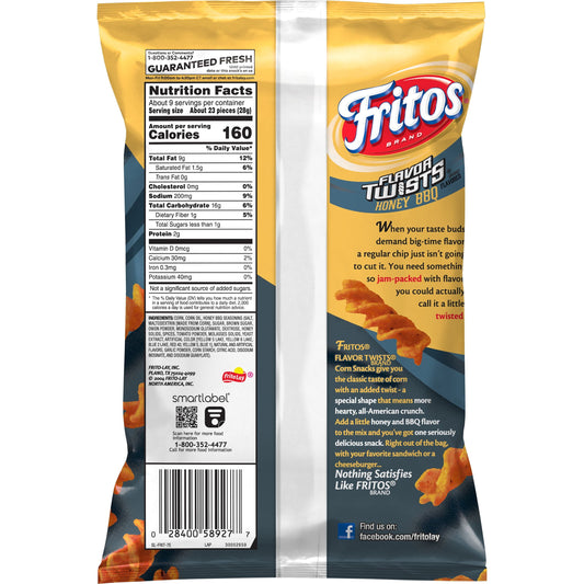 Fritos Flavor Twists Honey BBQ Corn Snacks, 9.25 oz Bag