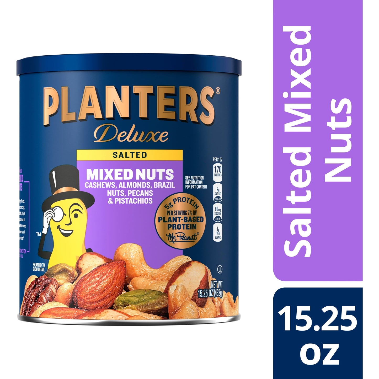 PLANTERS Deluxe Salted Mixed Nuts, Party Snacks, Plant-Based Protein 15.25oz (1 Canister)