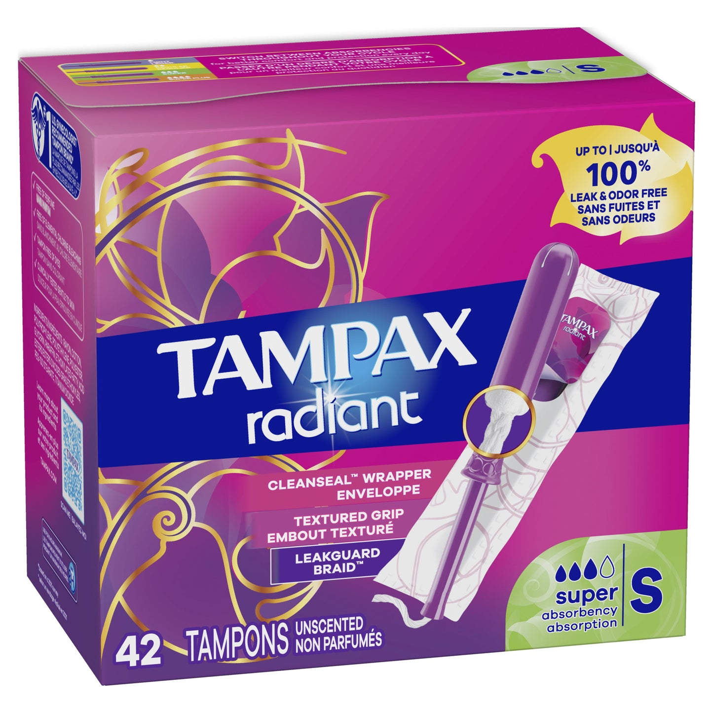 Tampax Radiant Tampons with LeakGuard Braid, Supber Absorbency, 42 Count