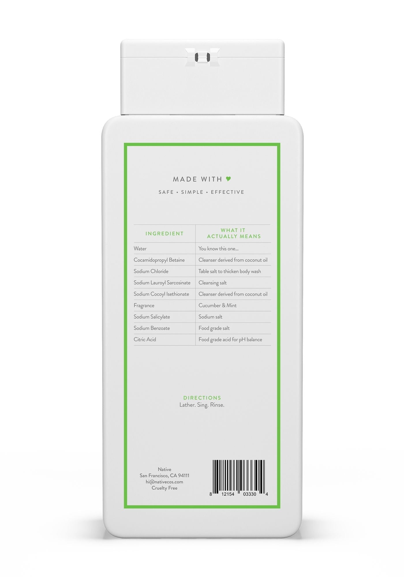 Native Natural Body Wash, Cucumber & Mint, Sulfate Free, Paraben Free, 18 oz