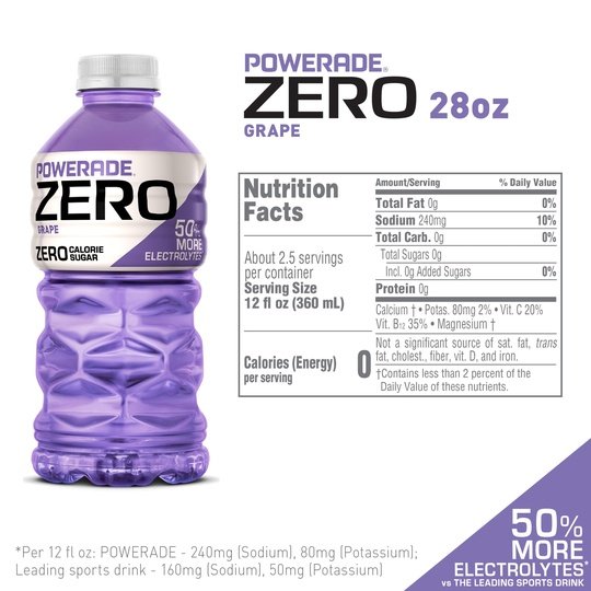 POWERADE Electrolyte Enhanced Zero Sugar Grape Sport Drink, 28 fl oz, Bottle