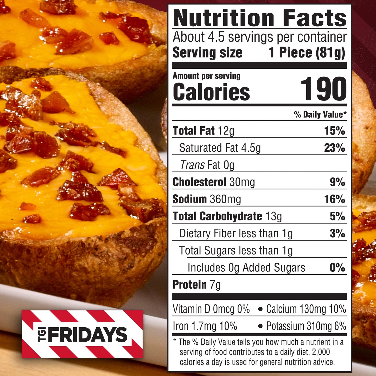 TGI Fridays Loaded Cheddar & Bacon Potato Skins Frozen Snacks & Appetizers, 13.5 oz Box Regular