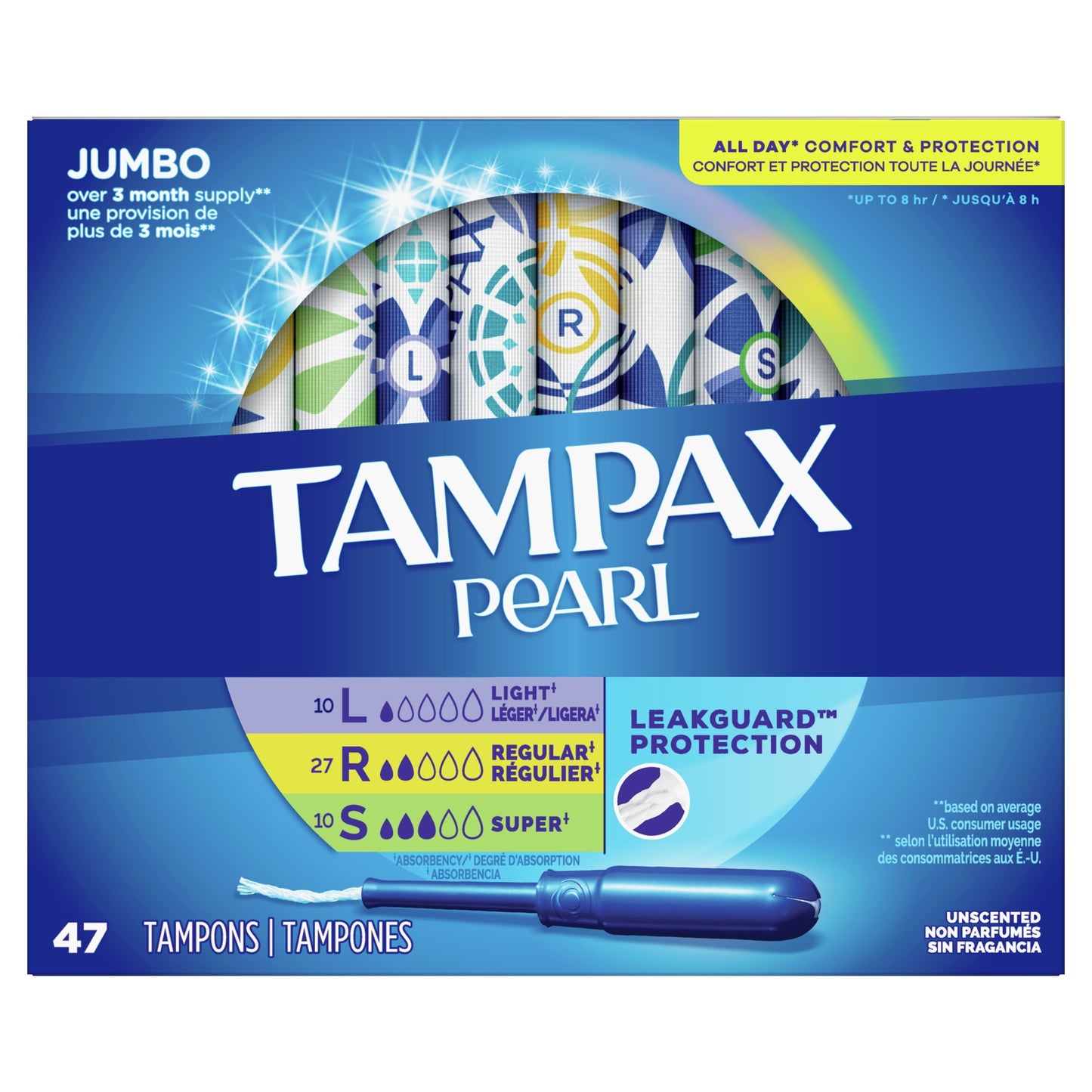 Tampax Pearl Tampons Trio Multipack with LeakGuard Braid, Light/Regular/Super Absorbency, 47 Ct