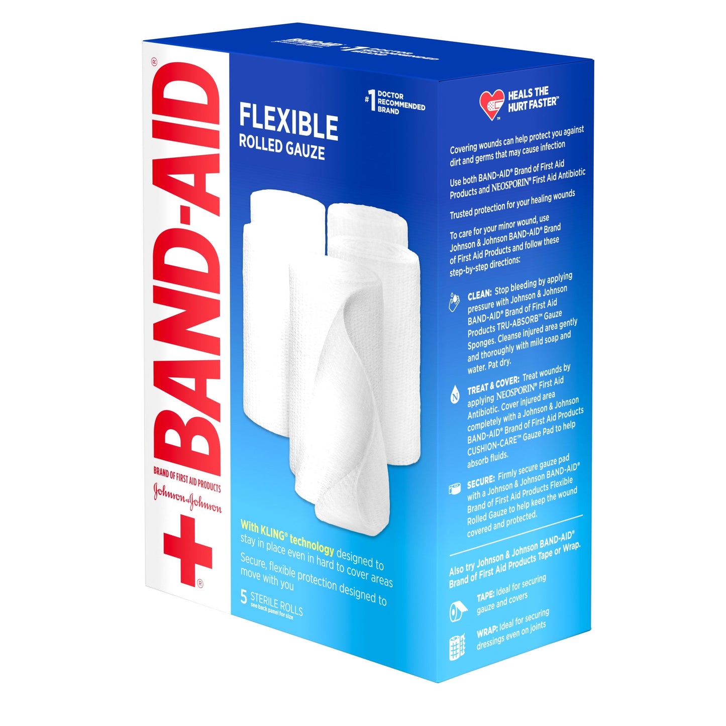 Band Aid Brand Flexible Rolled Medical Gauze, 4 in x 2.1 yd, 5 ct