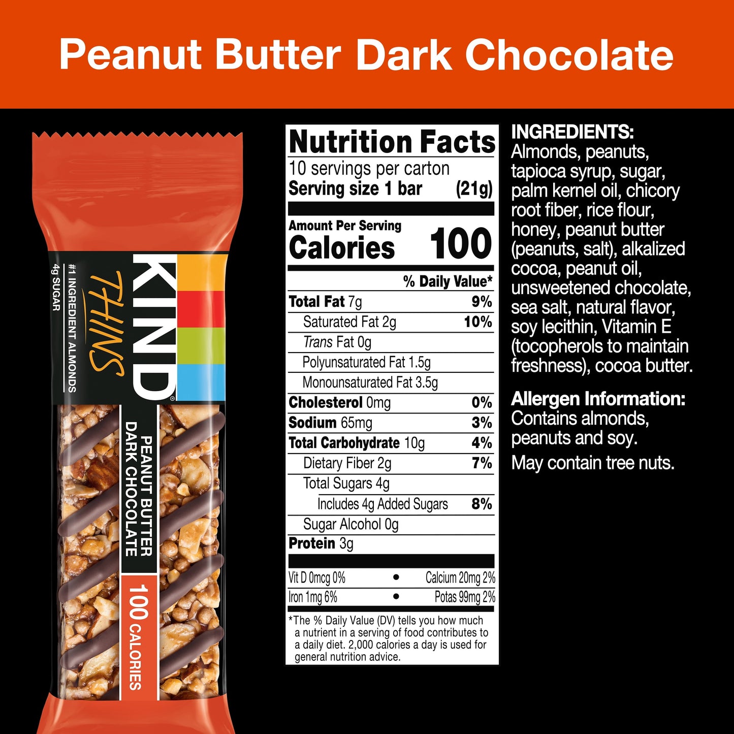 KIND Thins Gluten Free Peanut Butter Dark Chocolate Bars, 0.74 oz, 10 Count