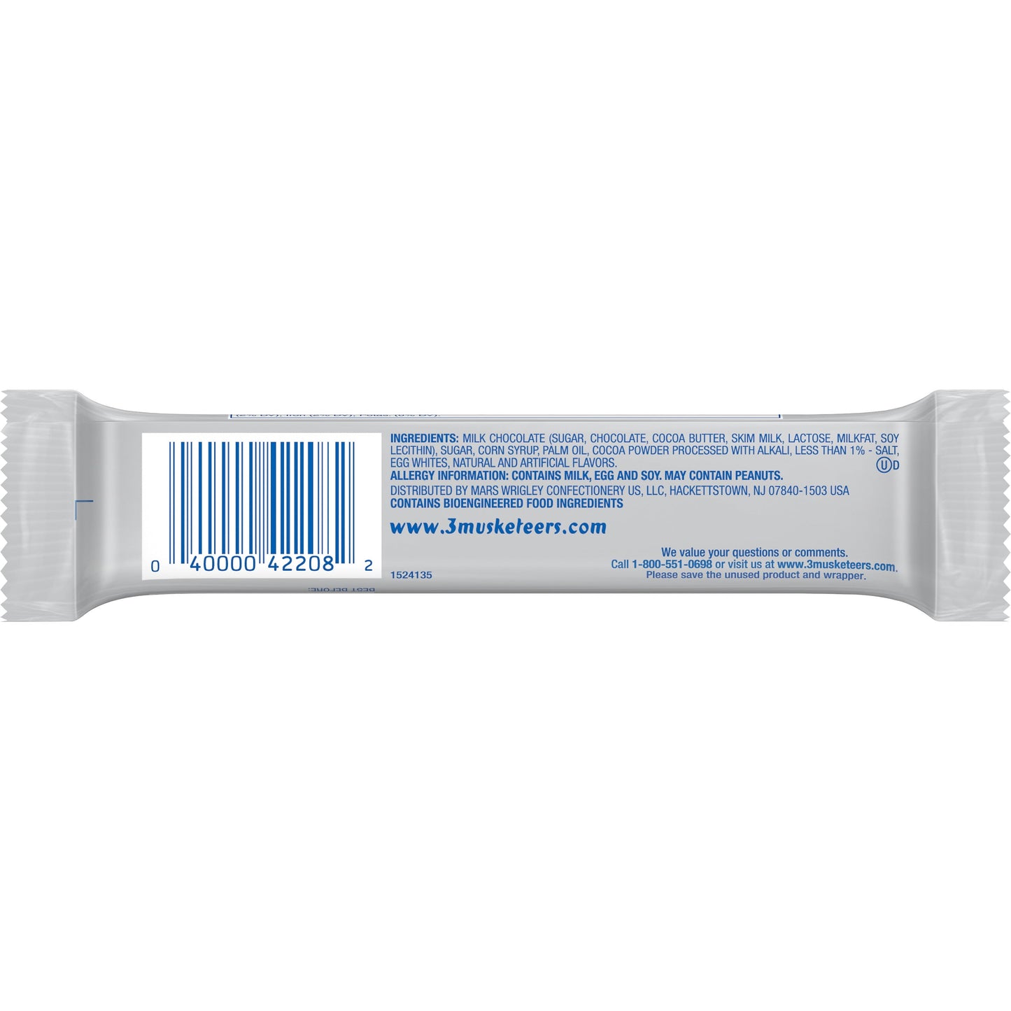 3 Musketeers Candy Milk Chocolate Bar, Full Size - 1.92 oz