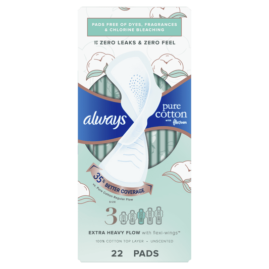 Always Pure Cotton Feminine Pads With WIngs, Size 3, Extra Heavy Absorbency, 22 CT
