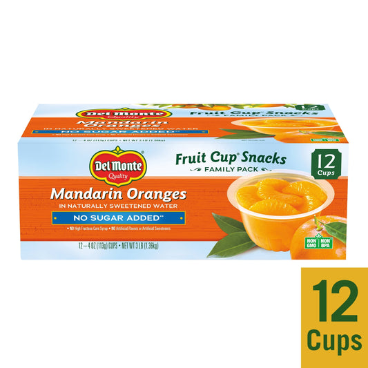 (12 Cups) Del Monte Mandarin Oranges Fruit Cups, No Sugar Added, 4 oz