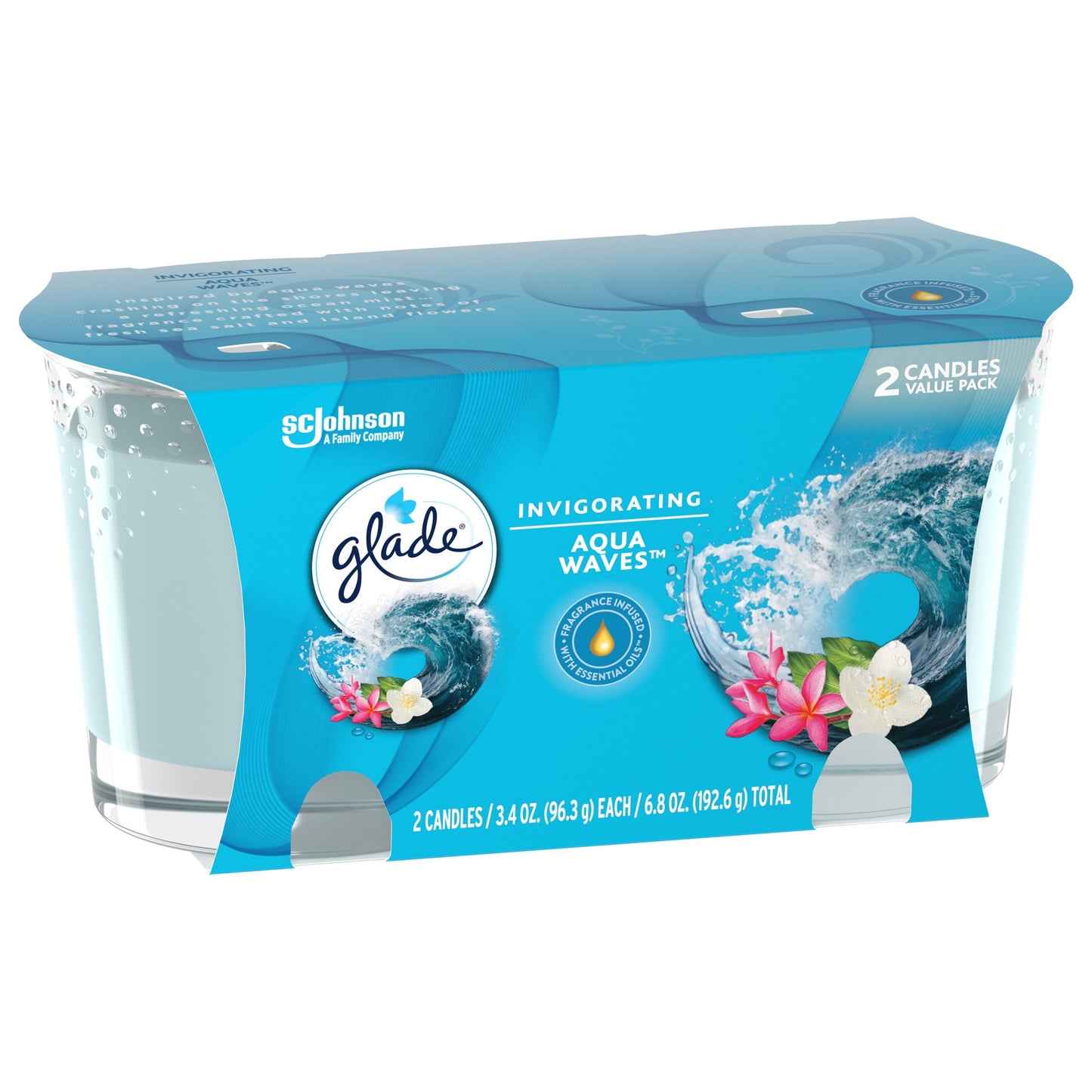 Glade Candle Aqua Waves Scent, 1-Wick, 3.4 oz (96.3 g) Each, 2 Counts, Fragrance Infused with Essential Oils, Notes of Sea Salt, Island Flowers, Ocean Air, Lead-Free Wick Scented Candles