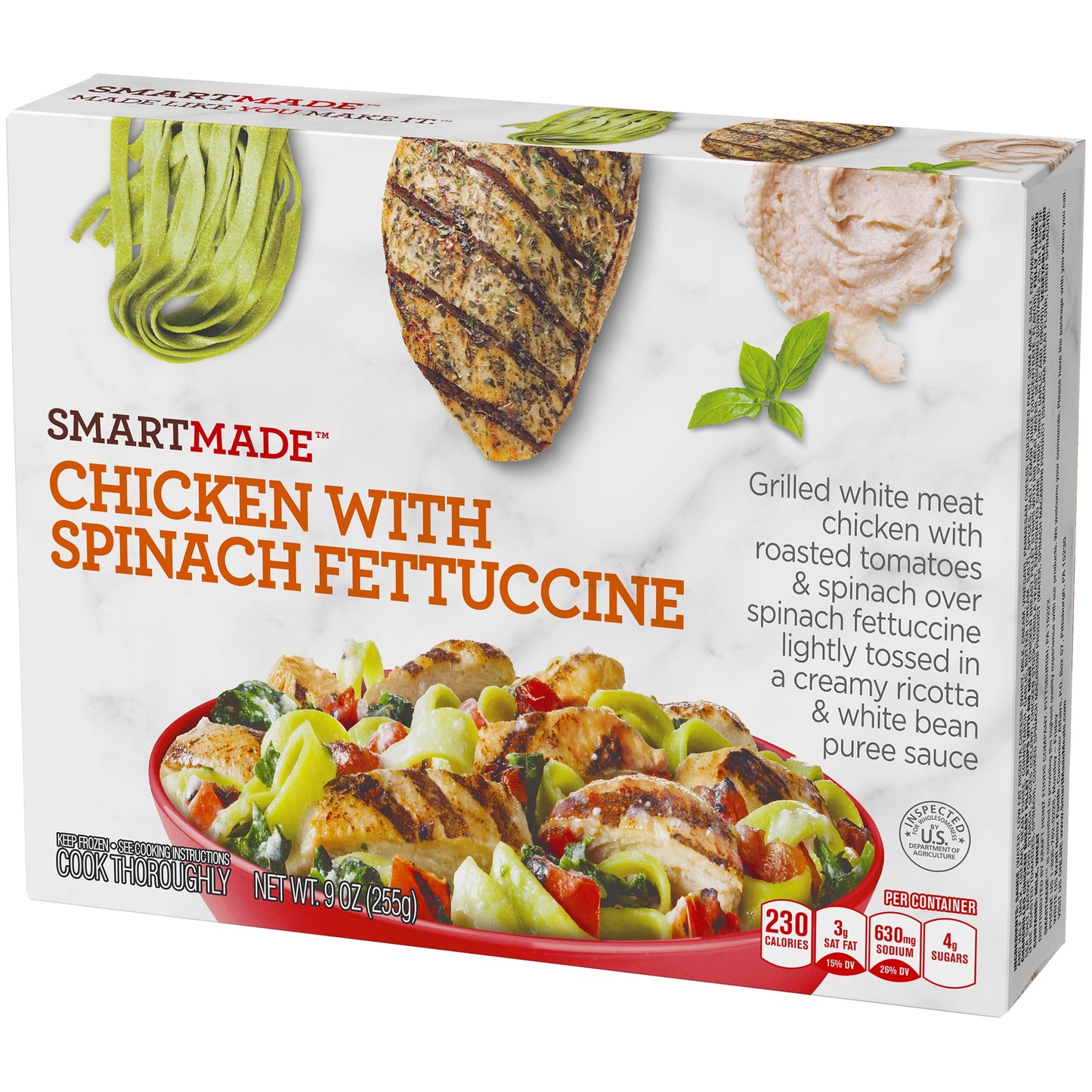 Smart Made Chicken with Spinach Fettuccine Pasta, Tomatoes, Spinach & Creamy Ricotta White Bean Puree Sauce Frozen Meal, 9 oz Box