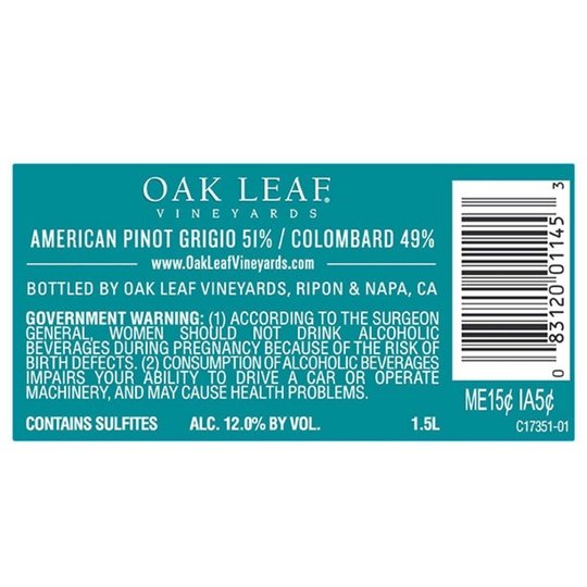 Oak Leaf Vineyards Pinot Grigio Colombard White Wine, 1.5 L Bottle