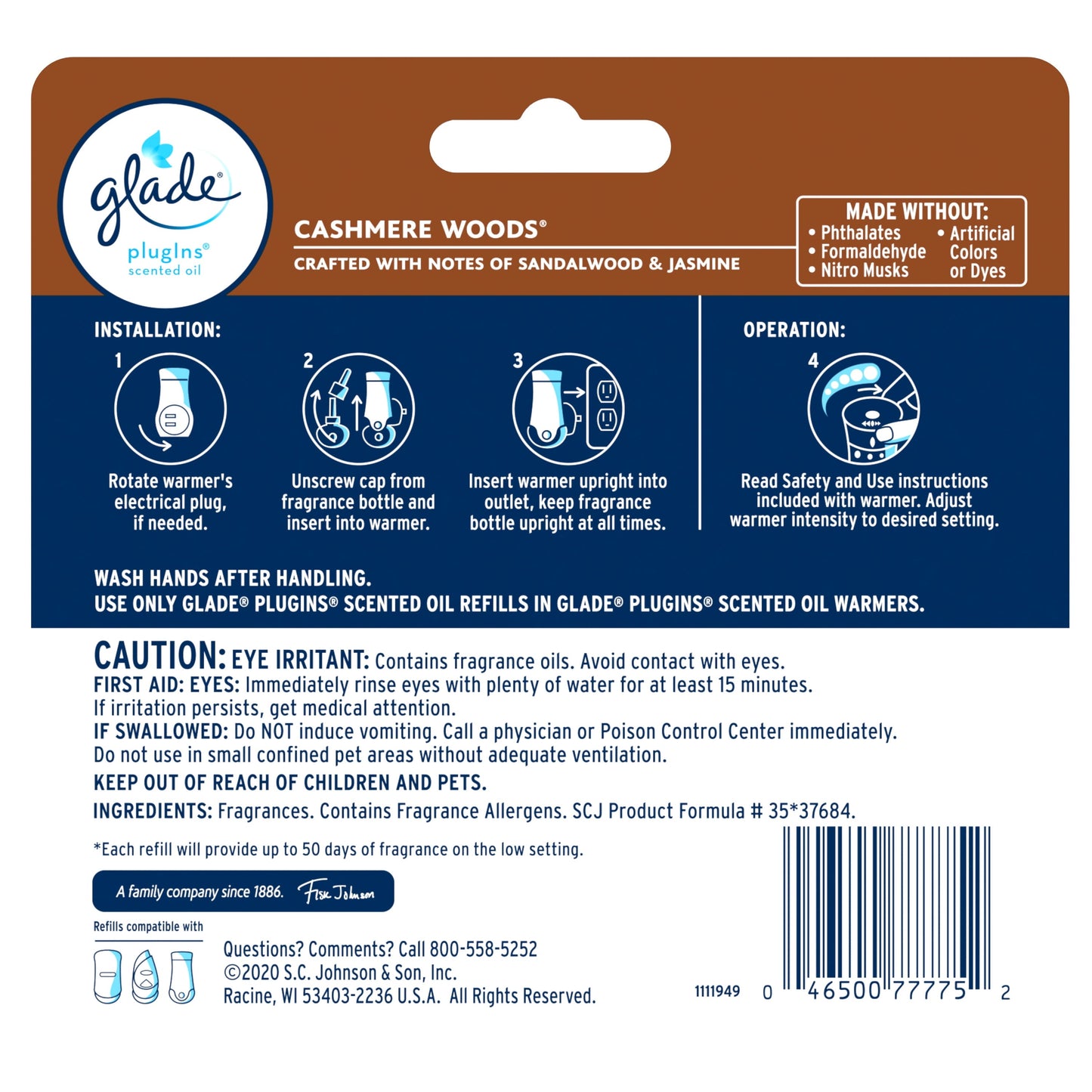 Glade PlugIns Refill 5 ct, Cashmere Woods, 3.35 FL. oz. Total, Scented Oil Air Freshener Infused with Essential Oils