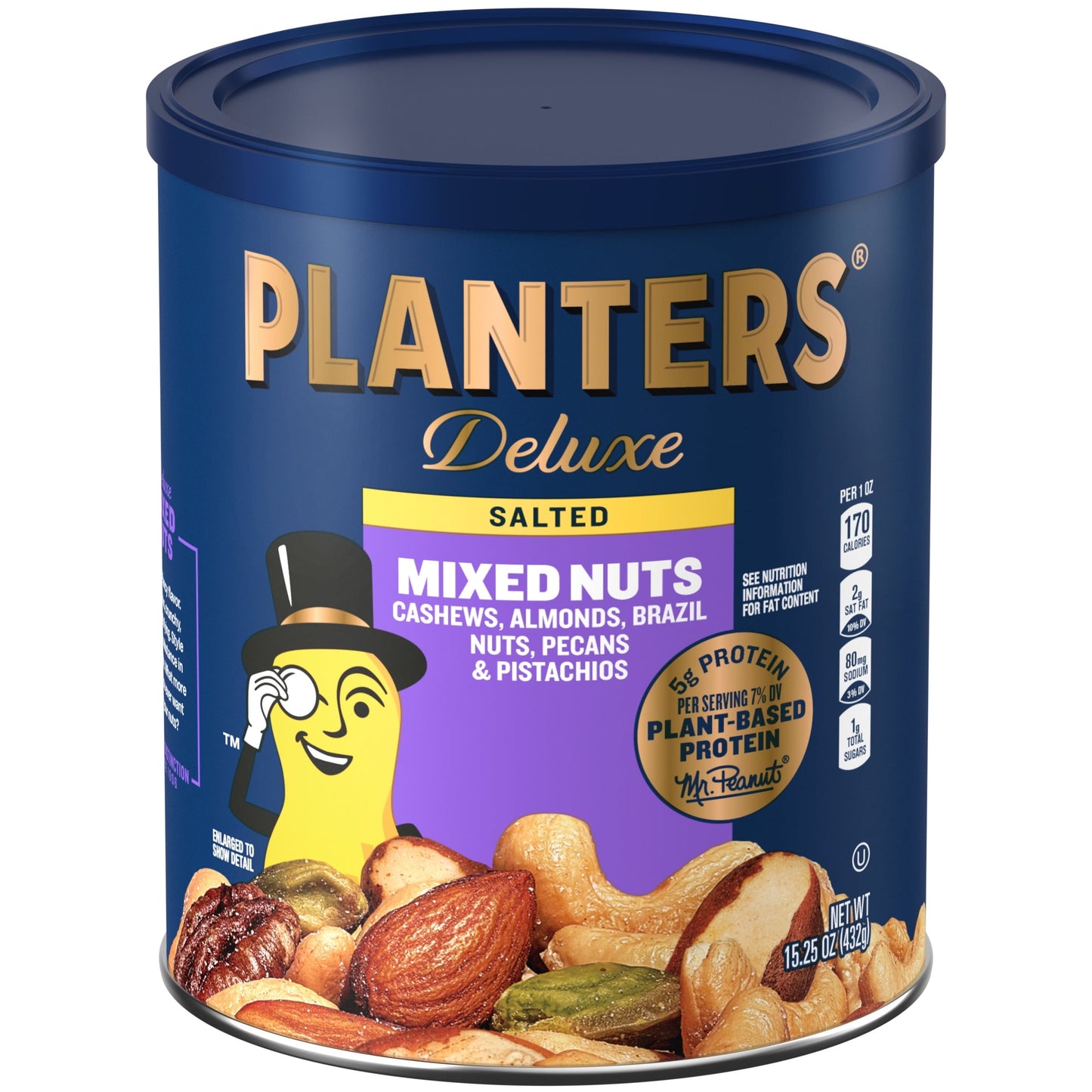 PLANTERS Deluxe Salted Mixed Nuts, Party Snacks, Plant-Based Protein 15.25oz (1 Canister)