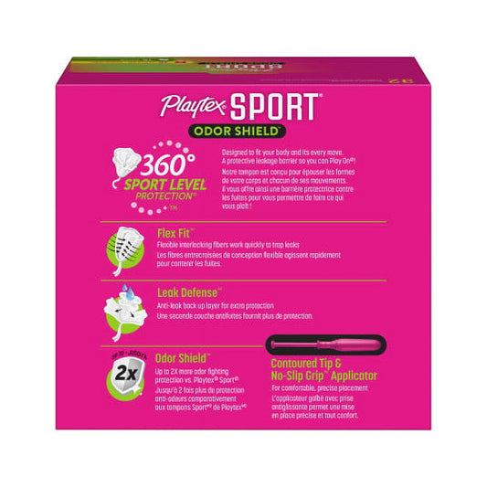 Playtex Sport Odor Shield Multi-Pack Regular And Super Plastic Applicator Tampons, 32 Ct, 360 Degree Sport Level Period Protection, Traps Leaks, No-Slip Grip Applicator, Moves With You