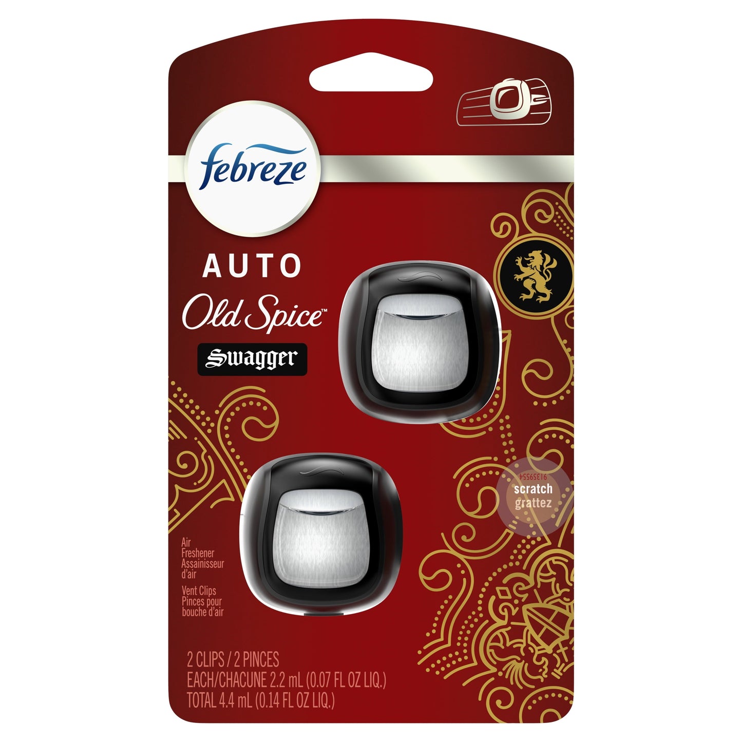 Febreze AUTO Air Freshener Vent Clip Old Spice Swagger Scent, .07 oz. Car Vent Clip, Pack of 2