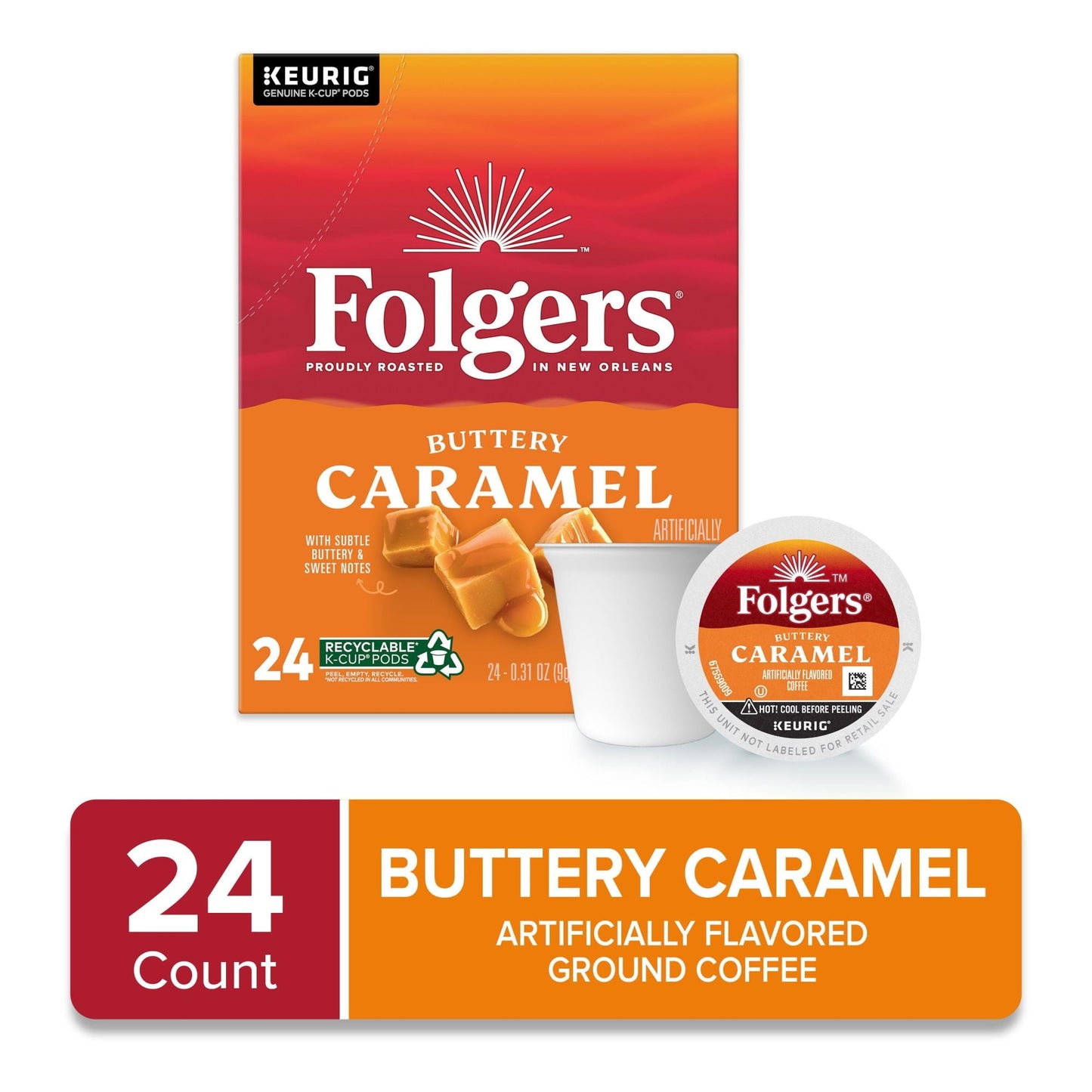 Folgers Buttery Caramel Artificially Flavored Coffee, Keurig K-Cup Pods, 24 Count Box