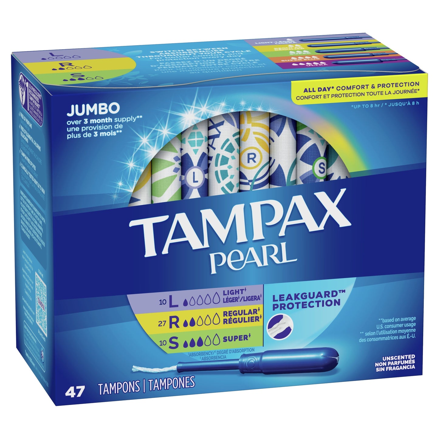 Tampax Pearl Tampons Trio Multipack with LeakGuard Braid, Light/Regular/Super Absorbency, 47 Ct