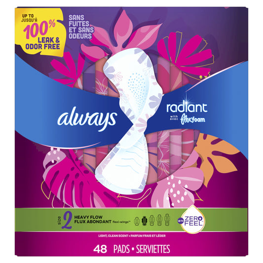 Always Radiant Feminine Pads with Wings, Size 2, Heavy Absorbency, Scented, 48 CT