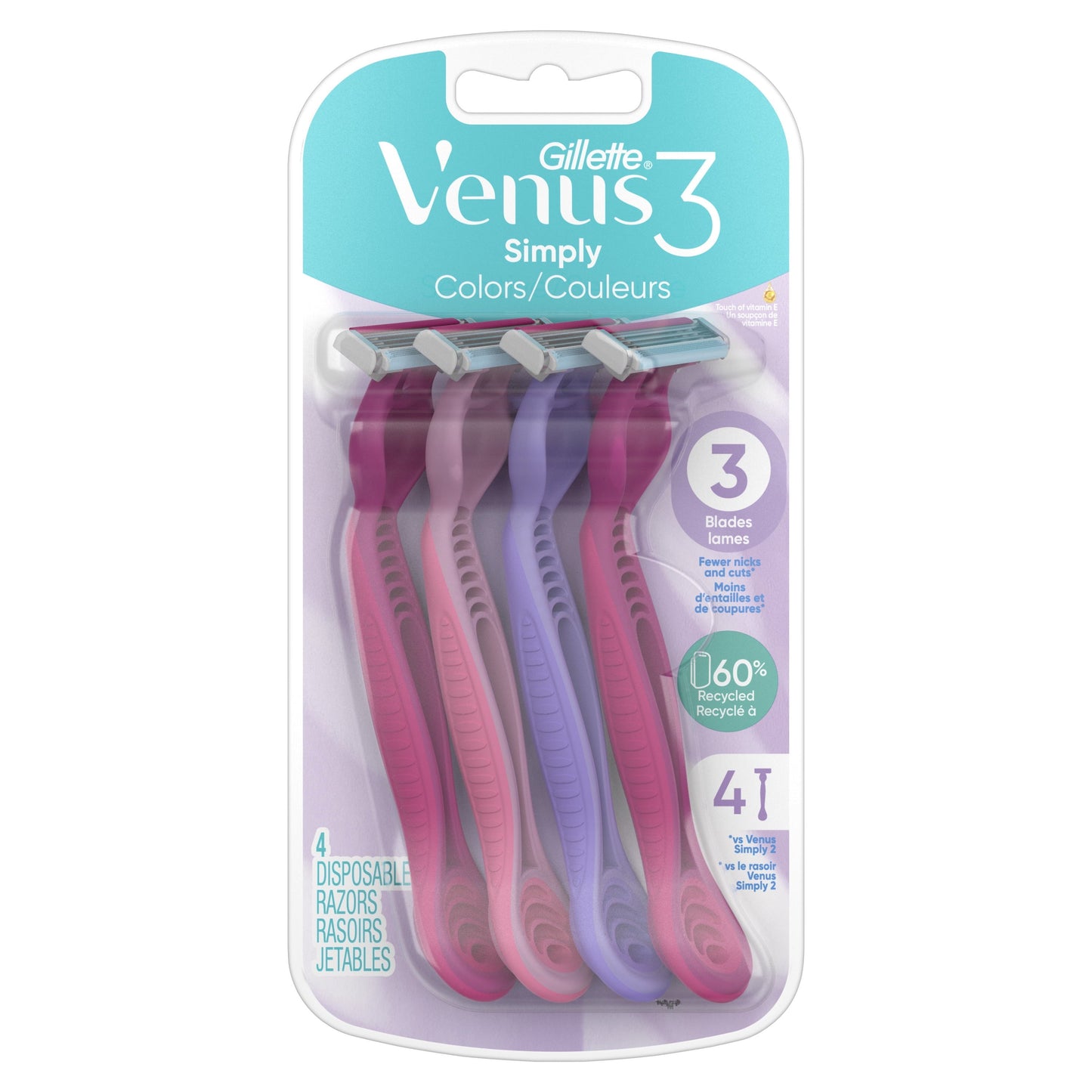 Gillette Venus Simply 3 Multi-Color Disposable Razors, Female, 4 Count