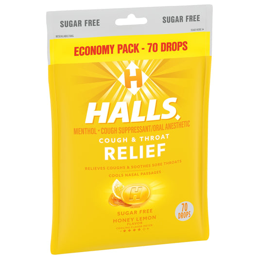 HALLS Relief Honey Lemon Sugar Free Cough Drops, Economy Pack, 70 Drops