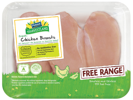 Perdue Harvestland, Free Range, Boneless Chicken Breast, 25g Protein 4oz Svg, 1.3-1.9 lb. Tray