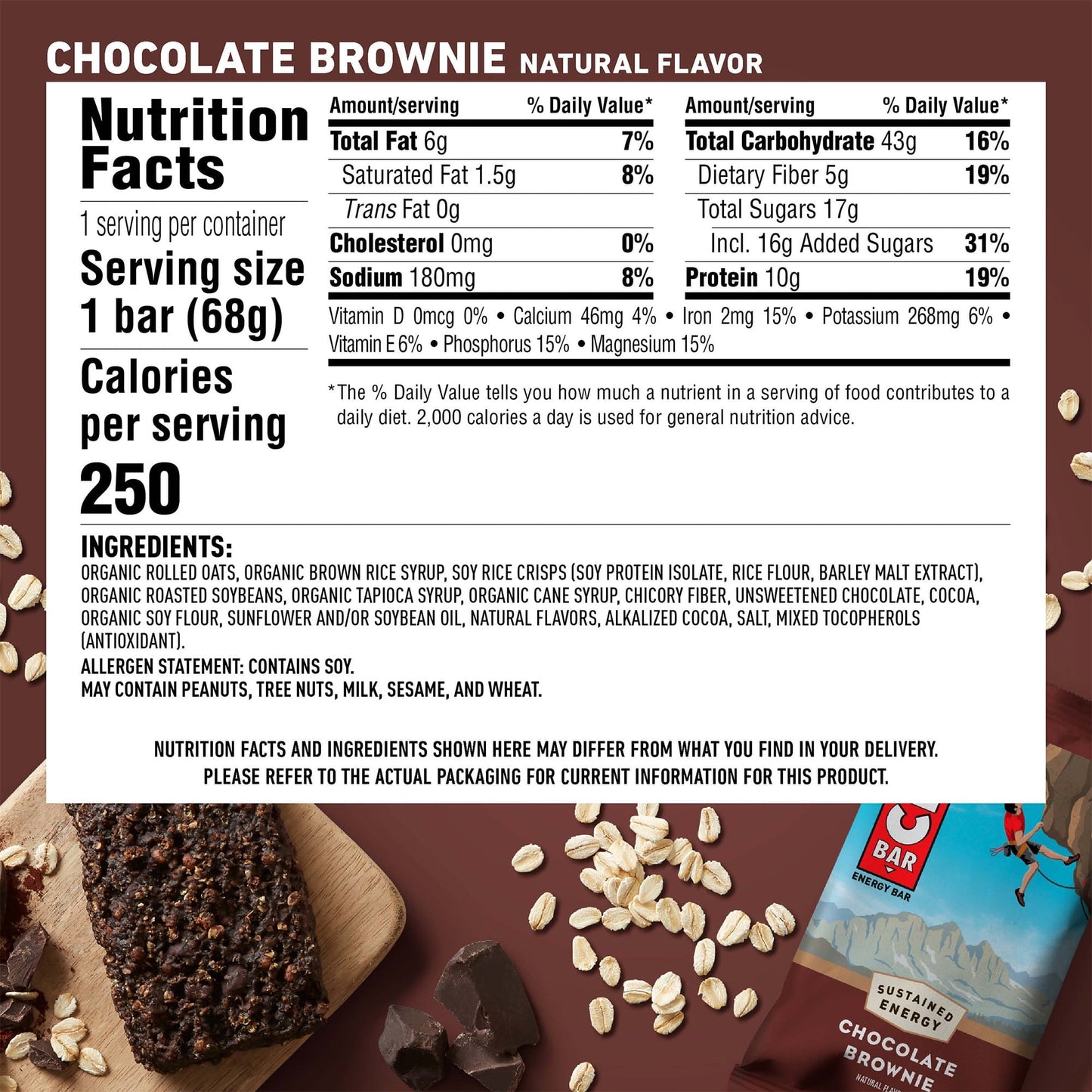 CLIF BAR - Chocolate Brownie Flavor - Made with Organic Oats - 10g Protein - Non-GMO - Plant Based - Energy Bars - 2.4 oz. (6 Pack)